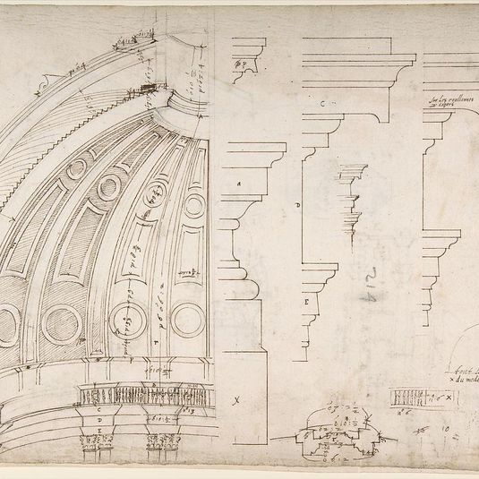 St. Peter's, dome and drum, interior section and elevation, and labeled details (recto); St. Peter's, moulding profiles, details (verso)