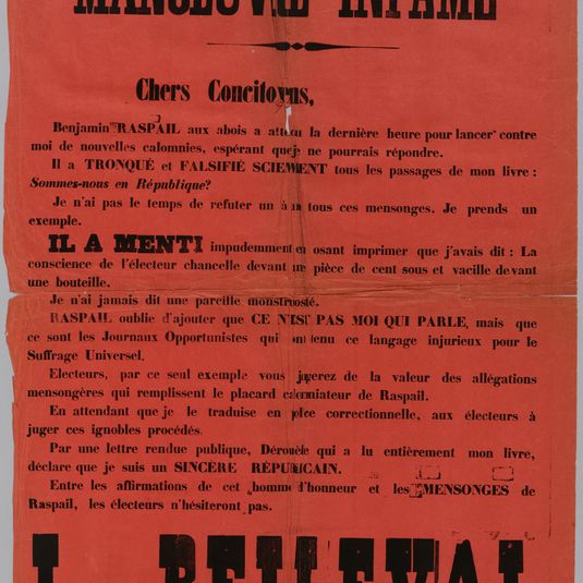 MANOEUVRE INFAME/ Chers Concitoyens/ Benjamin RASPAIL aux abois a attendu la dernière heure pour lancer contre/ moi de nouvelles calomnies, espérant que je ne pourrais répondre.