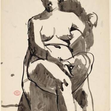 Untitled [seated nude with her left arm over the chair back]