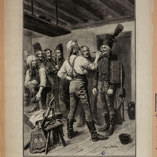 Les débuts du Général Marbot, "la chambrée", tableau de M. Maurice Orange.