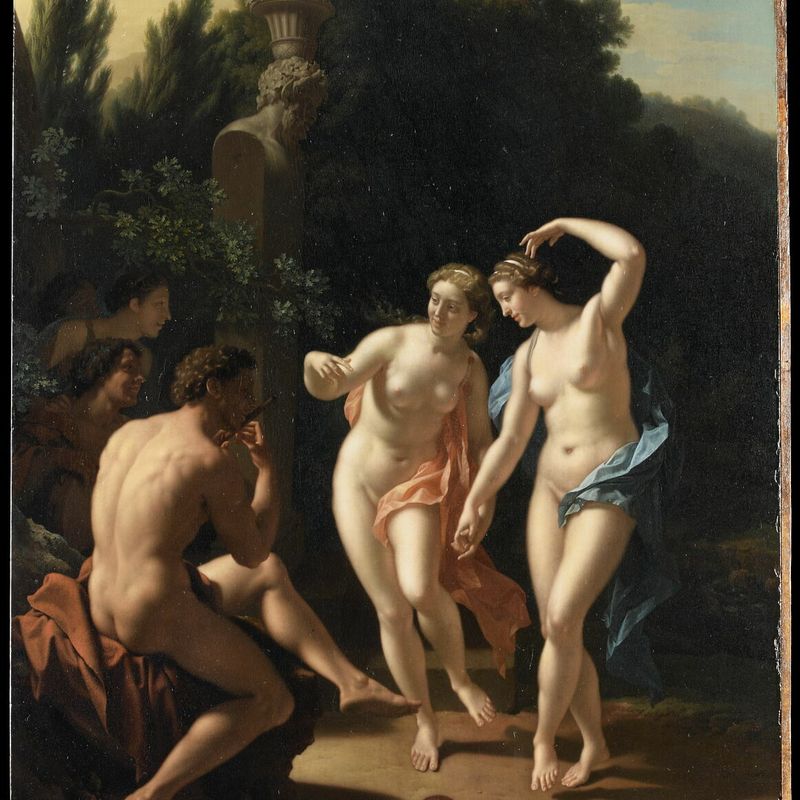 Two women dancing in front of a shepherd playing the pipe, also called Nymphs dancing in front of a young faun playing the flute