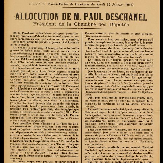 REPUBLIQUE FRANCAISE/ LIBERTE - EGALITE - FRATERNITE/ CHAMBRE DES DEPUTES/ Extrait du Procès-Verbal de la Séance du Jeudi 14 Janvier 1915