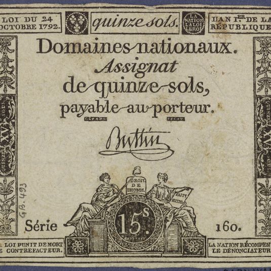 Assignat de 15 sols, série 160me, 24 octobre 1792