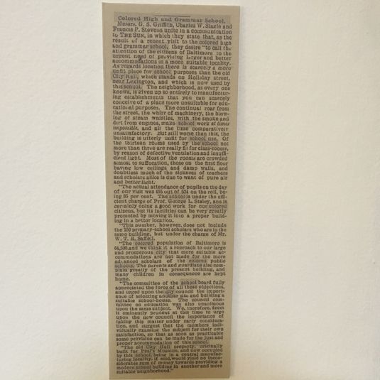 Colored School Article, 1885and Male and Female Colored School No. 1 at The Peale, Baltimore