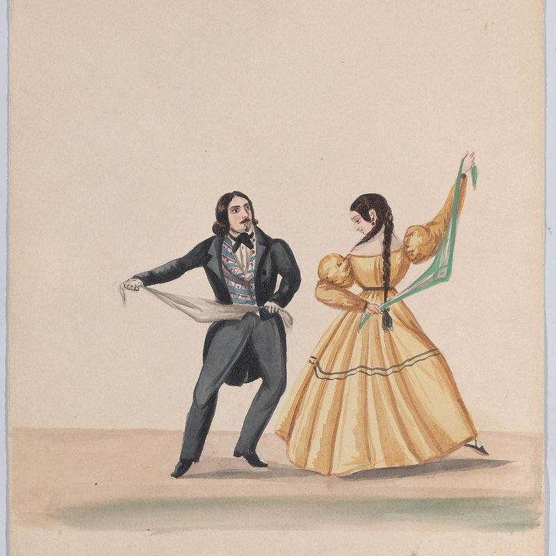 A man and a woman dancing, from a group of drawings depicting Peruvian costume