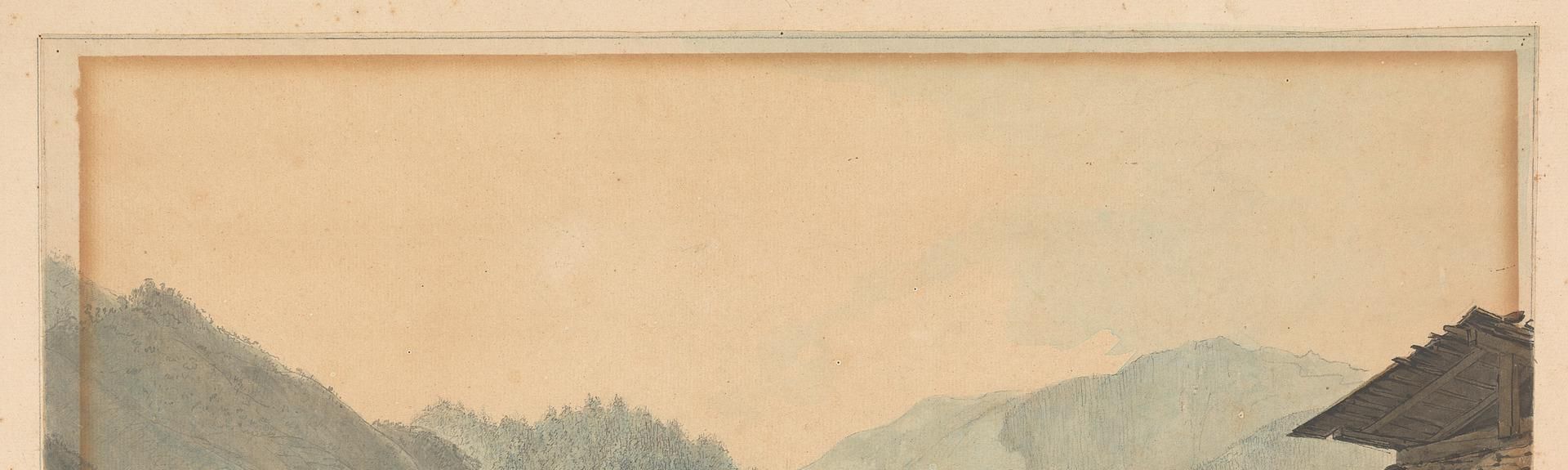 Mountainous Scene with Buildings and River