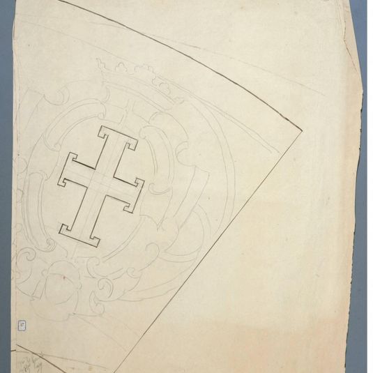 Relevé d'un panneau de vitrail : cartouche orné d'une croix potencée et entouré de cuirs, surmonté d'une couronne