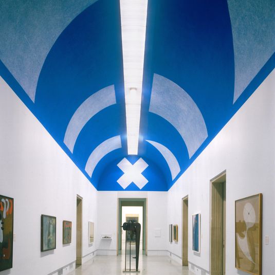 On a Blue Ceiling, Eight Geometric Figures: Circle, Trapezoid, Parallelogram, Rectangle, Square, Triangle, Right Triangle, X (Wall Drawing No. 351)