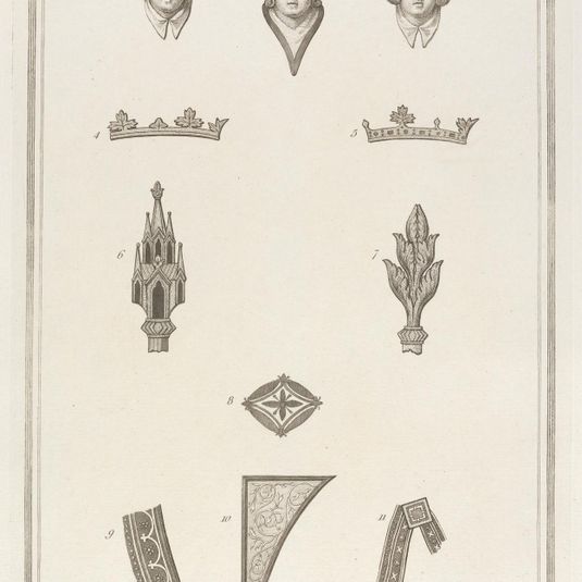 An Account of Some Ancient Monuments in Westminster Abbey, in Vetusta Monumenta, vol. 2: Heads and Ornaments on the North Side of the Monument of King Sebert (Plate VI)