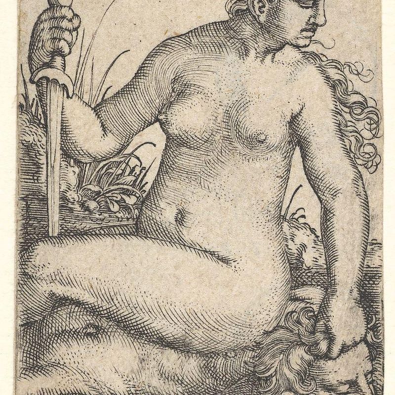 Judith, looking towards the right, seated nude atop the dead body of Holofernes, with a sword in her right hand and the head of Holofernes in her left hand