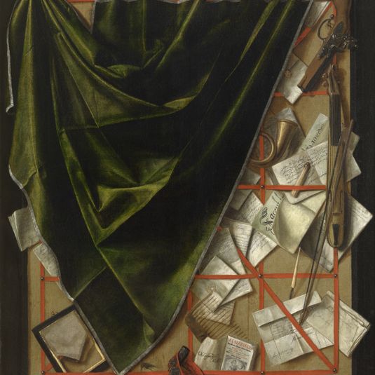 Trompe-l'oeil: letter rack with a pocket violin and a pistol