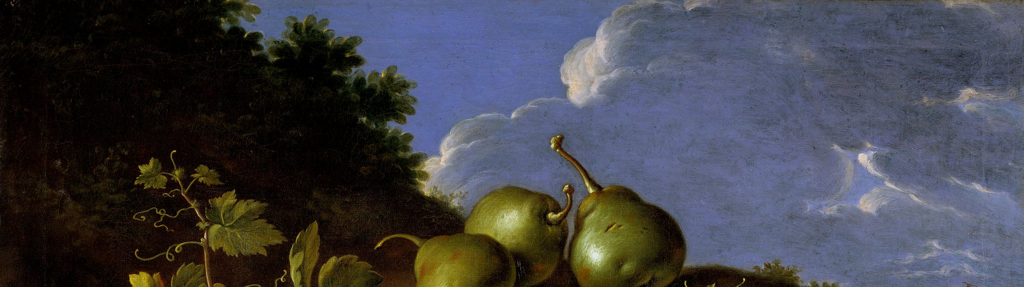 Still Life with Plate of Grapes Peaches Pears and Prunes in a Landscape
