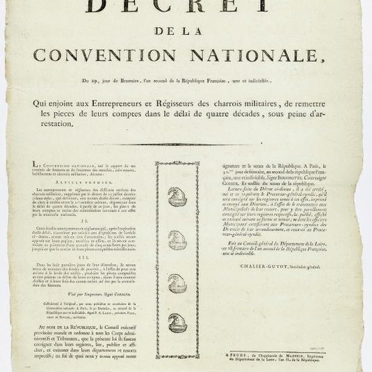 N°. 1906./ DECRET/ DE LA/ CONVENTION NATIONALE,/ Du 29e jour de Brumaire, l'an second de la République Françoise [sic], une et indivisible,/ Qui enjoint aux Entrepreneurs et Régisseurs des charrois militaires, de remettre les pieces [sic] de leurs...