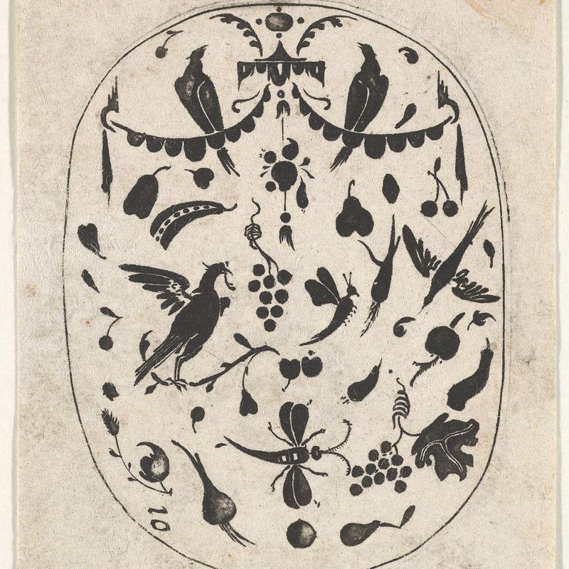 Oval Blackwork Print with Birds, Insects and Fruits