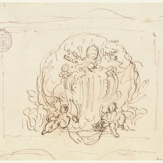 Tablet bearing the coat of arms of Pope Benedict XIV with shell as background