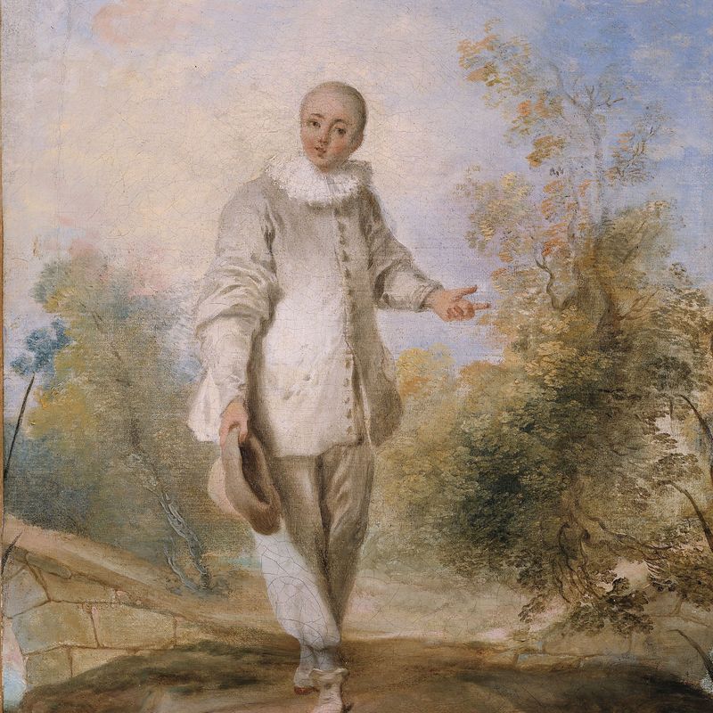 Pierrot debout, dans un paysage