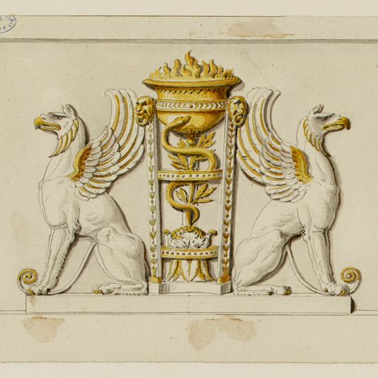 Devant de cheminée : griffons et pot à feu.