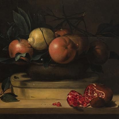 Bowl of Lemons and Oranges on a Box of Wood Shavings and Pomegranates