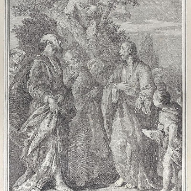 Conversion of Zacchaeus, with Christ at right addressing the tax collector, who is seated in a tree at top center
