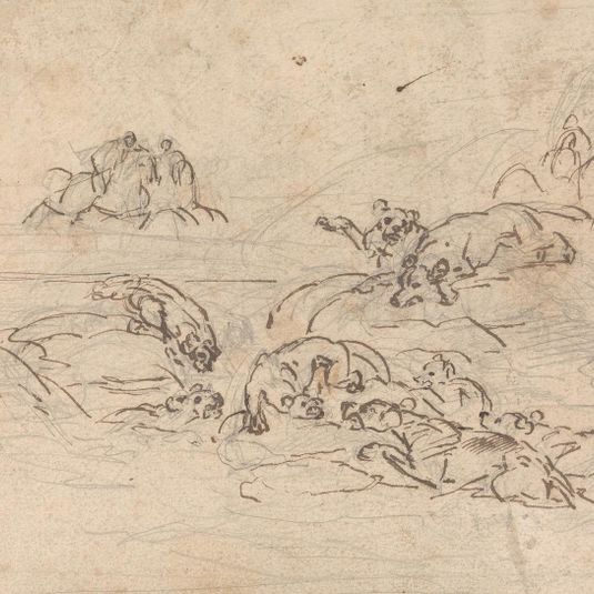 Hunters approaching a lion being held at bay by hounds