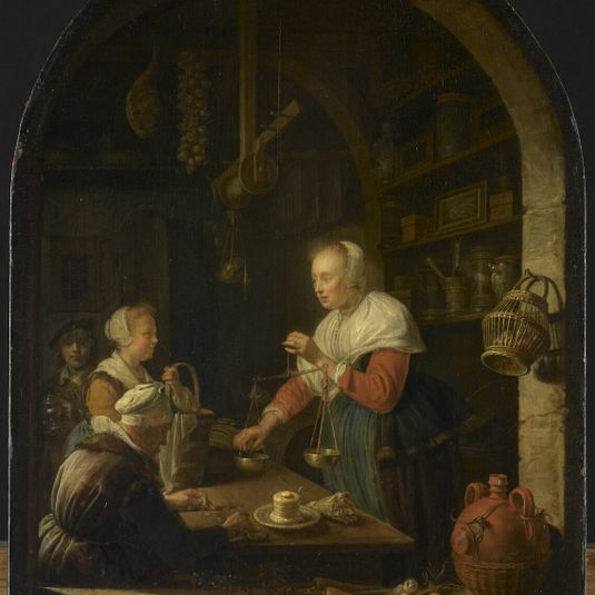 The Village Grocer, with the painter's portrait in the background