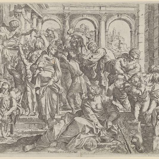 Saint Roch at left distributing alms to a group of people gathered around him, after Annibale Caracci