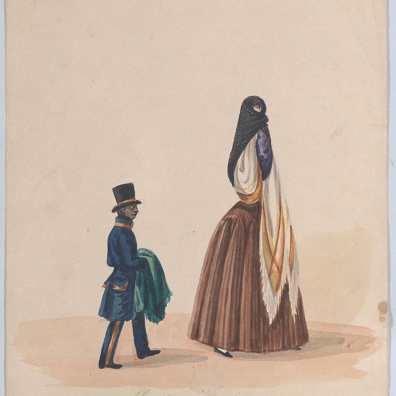 An elegantly dressed woman and her page, from a group of drawings depicting Peruvian costume
