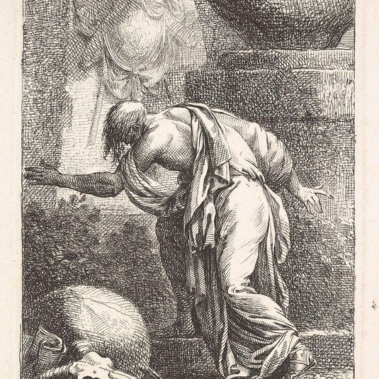 A young man, seen from behind and ascending a step towards the left, a cloak draped over his right shoulder and his left arm outstretched, a ram skull at bottom left