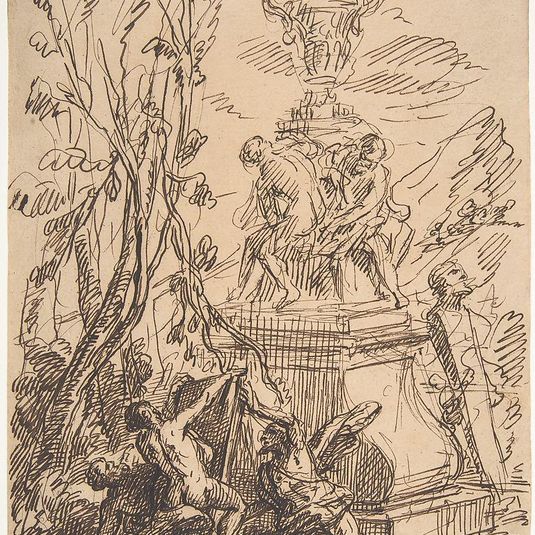 Three Men in a Landscape near Sculptures