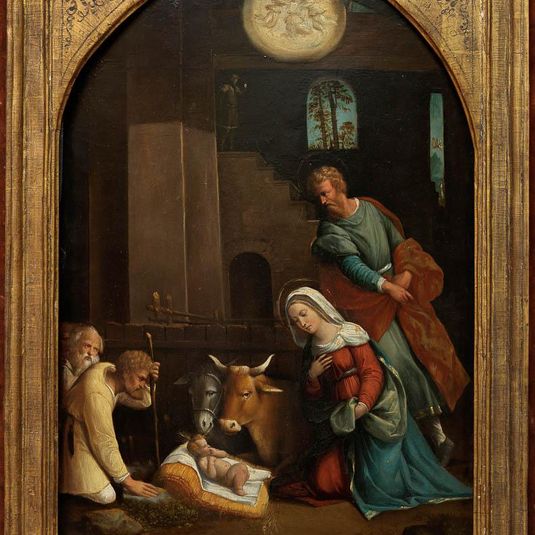 The Adoration of the Shepherd, with the Annunciation to the Shepherds beyond
