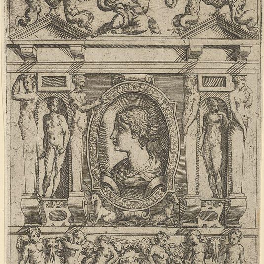 Bust of a woman in profile facing left, set in an elaborate frame with figures in niches