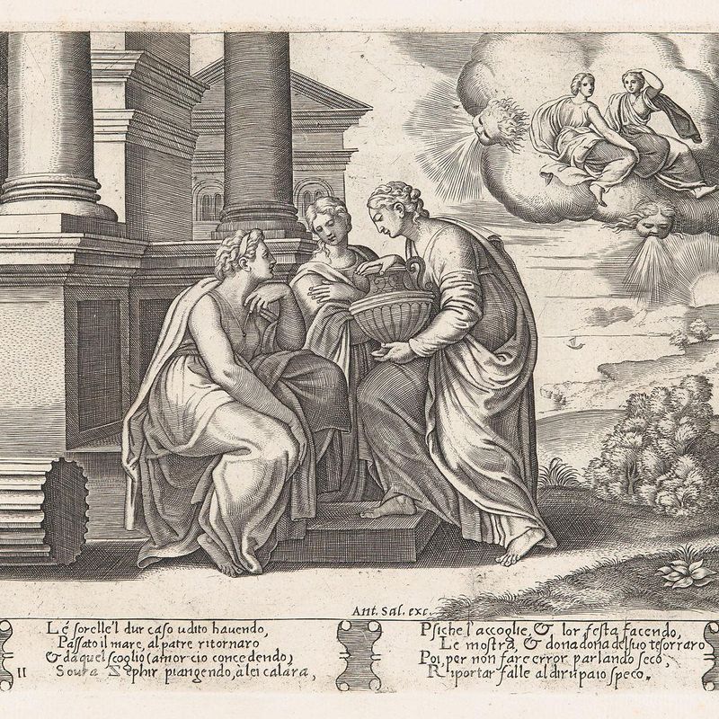 Plate 11: Psyche offering presents to her sisters who also appear on the clouds at upper right, from the Story of Cupid and Psyche as told by Apuleius