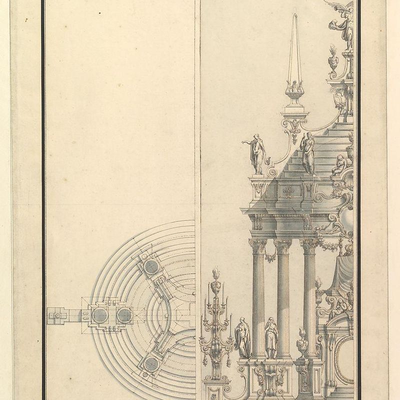 Half Elevation and Half Ground Plan for a Catafalque: Columns Supporting a Stepped Dome with 2 Obelisks Surmounted by Figure of Fame