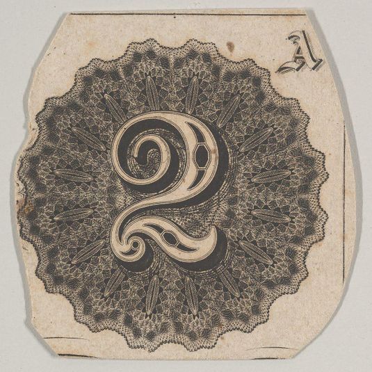 Banknote motif: number 2 against a circular panel of lathe work with a scalloped edge