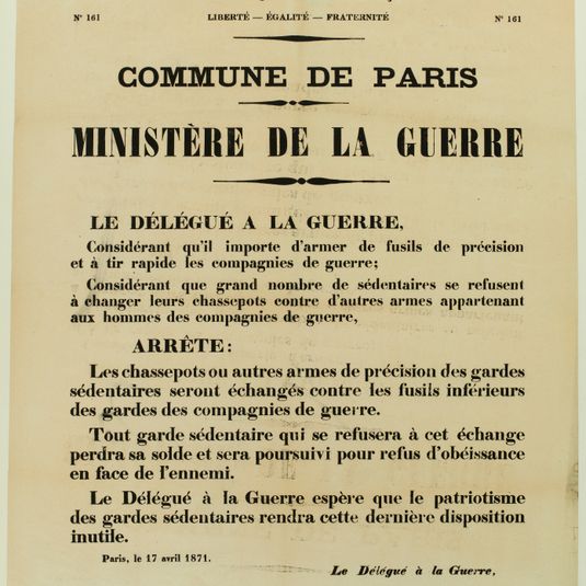 Arrêté de remplacement des fusils inférieurs contre des chassepots et fusils de précision.