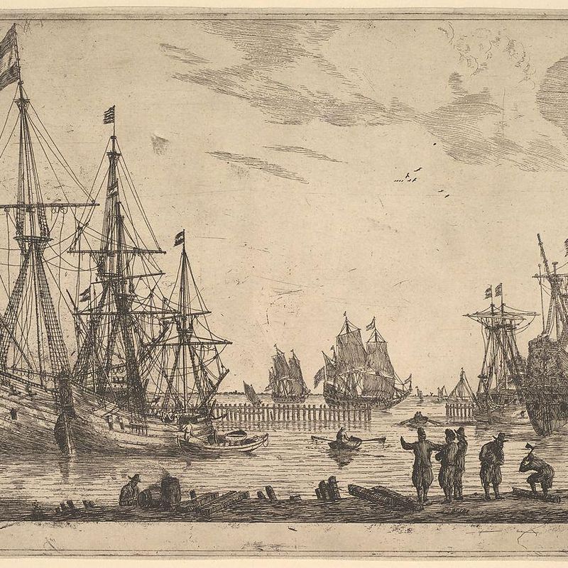 Four Sailing Vessels near a Breakwater