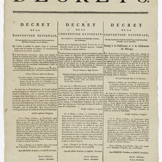 DECRETS./ DECRET/ DE LA/ CONVENTION NATIONALE,/ Du vingt-cinquième jour du premier mois de l'an second de la / République Françoise [sic], une et indivisible,/ Qui autorise à employer les matelas, draps et couvertures/ trouvés dans les maisons des...