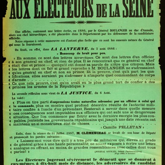 Election du 27 Janvier 1889/ AUX/ ELECTEURS DE LA SEINE/ Une affiche, contenant une lettre écrite, en 1880, par le Général BOULANGER au duc d'Aumale