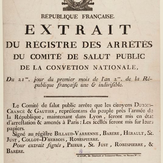 REPUBLIQUE FRANCAISE./ EXTRAIT/ DU REGISTRE DES ARRÊTES/ DU COMITE DE SALUT PUBLIC/ DE LA CONVETION [sic] NATIONALE,/ Du 21 eme jour du premier mois de l'an 2eme de la Ré-/ publique française une & indivisible