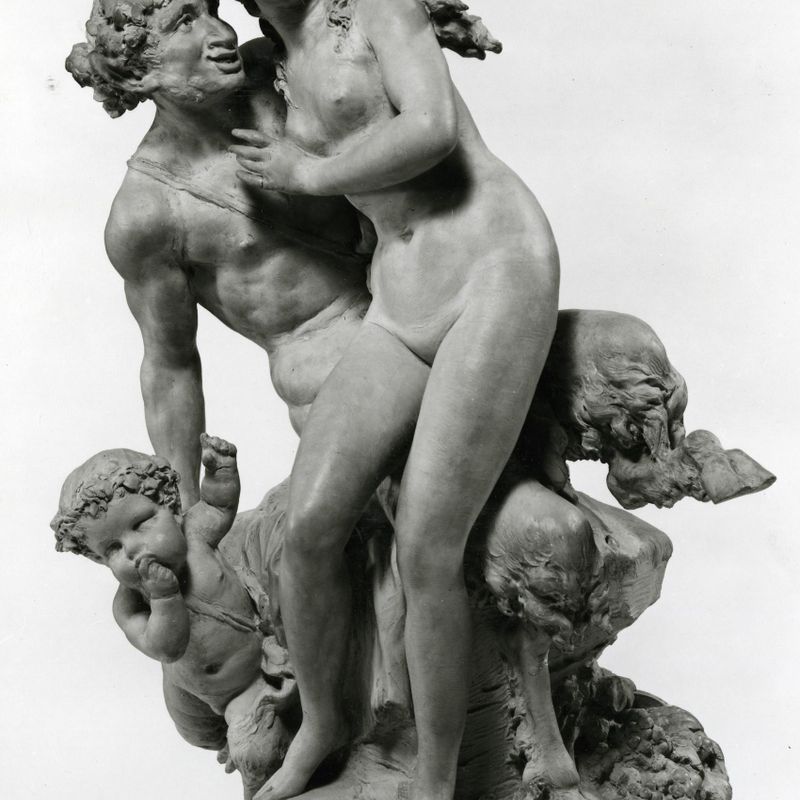 Running satyr, bacchante and infant satyr