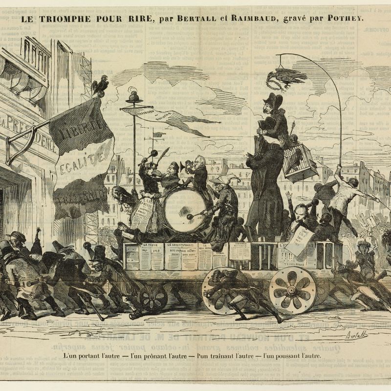 Le triomphe pour rire, par Bertall et Raimbaud, gravé par Pothey : L'un portant l'autre, l'un prônant l'autre, l'un traînant l'autre, l'un poussant l'autre