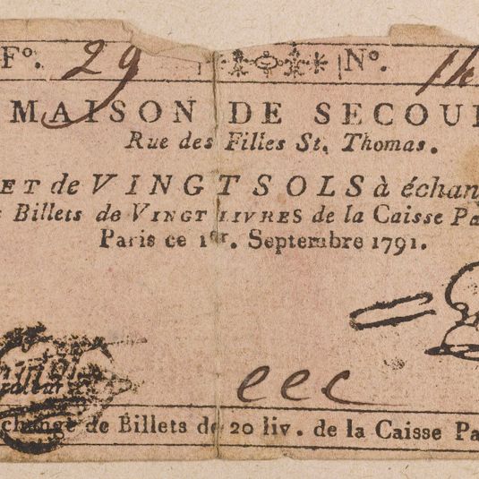 Billet de 20 sols, maison de secours rue des filles Saint-Thomas, F° 29, n° 141, EEC, 1er septembre 1791