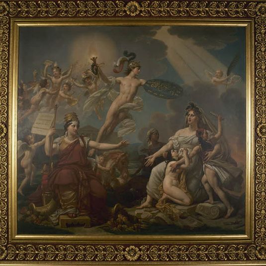 Ceiling: The Genius of France animates the Arts, protects Humanity. Arches: children holding the royal shield, or wearing garlands and laurel wreaths.