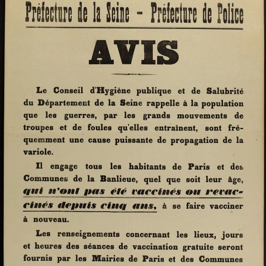 REPUBLIQUE FRANCAISE/LIBERTE - EGALITE - FRATERNITE/ Préfecture de la Seine - Préfecture de Police/ AVIS/ Le Conseil d'Hygiène publique et de Salubrité du Département de la Seine rappelle à la population