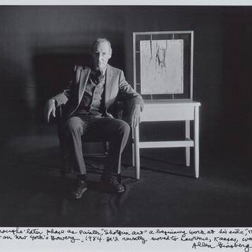 William Burroughs' later phase as painter, "Shotgun art" a beginning work at his side, "The Bunker" his old loft on New York's Bowery, 1984. He'd recently moved to Lawerence, Kansas, was visiting New York.