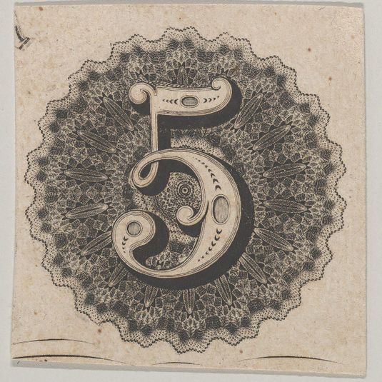 Banknote motif: number 5 against a circular panel of lace-like lathe work with a scalloped edge