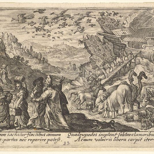 Noah leaving the ark with his family and animals: at left Noah's family carries supplies, at right animals descend on a ramp from the ark, above birds fly from the ark, from a series of engravings for the 'Liber Genesis'