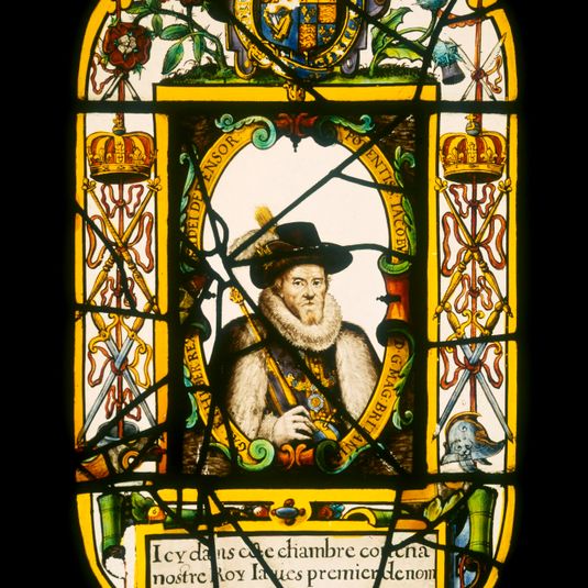 1. Stained and painted glass panel showing portrait of James VI and I, 1619