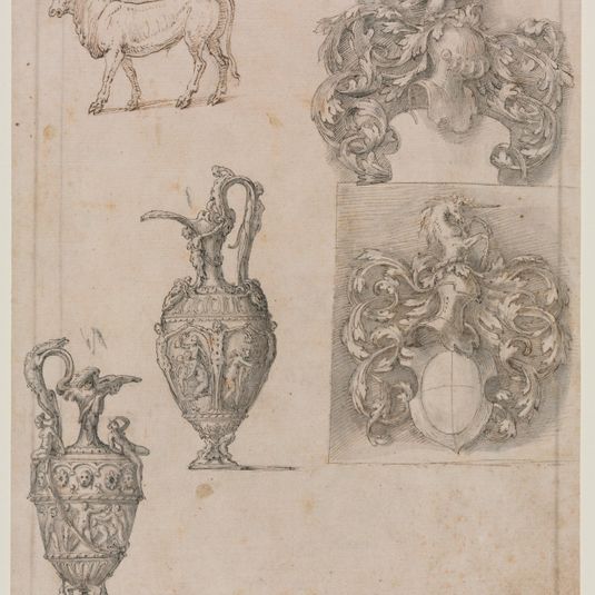 Design for Two Vases, Two Coats of Arms, and a Bull (recto)
