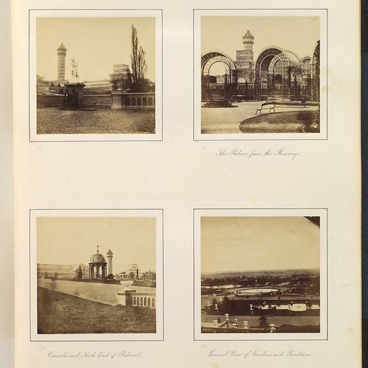 [Two Gentlemen Seated on the Grounds of the Palace; The Palace from the Rosary; Cascades and North End of Palace; General View of Gardens and Fountains]